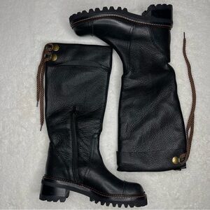 See BY Chloé Black Leather Knee-High Boots with Brown Accents